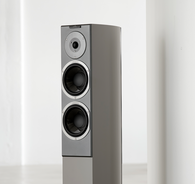 The top section of a tall, slim speaker in a grey colour