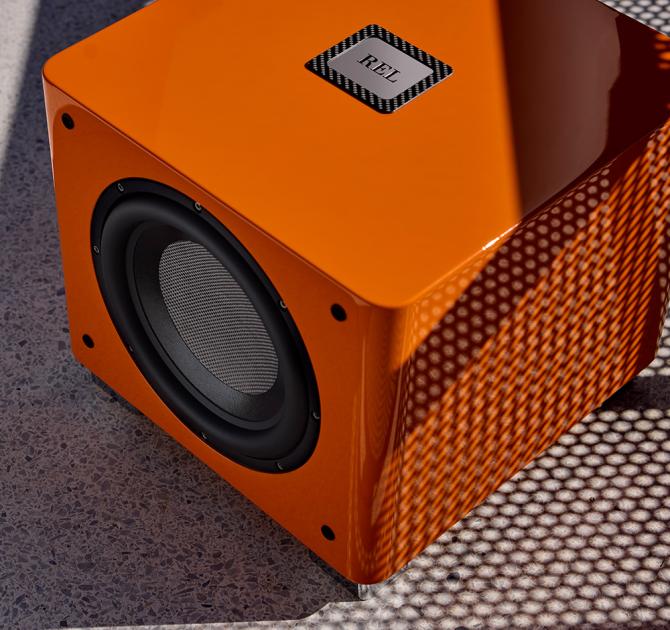 REL T/9x Special Edition Subwoofer in orange viewed from the top