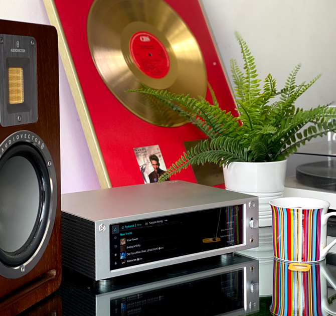 Rose RS-201E Streamer, DAC and amplifier showing the track listing for the 'Yello' album, an Audiovector speaker, a mug and a plant