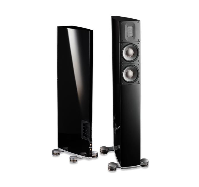 Raidho Acoustics X2t Loudspeakers in black.  One facing front, one facing rear.