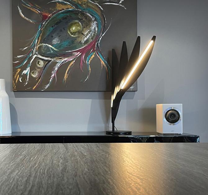 A Cabasse Rialto Loudspeaker on top of a unit with a modern lamp beside it and a piece of abstract art on the wall behind.