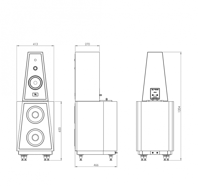 Three drawings of Rosso Fiorentino Siena Loudspeakers with dimensions