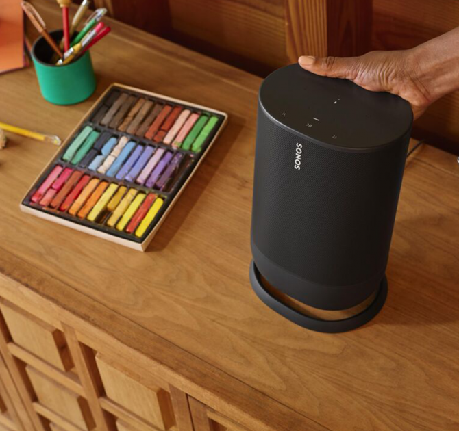 SONOS Move can be taken around the house with you.  Here it's been placed next to a box of pastels.
