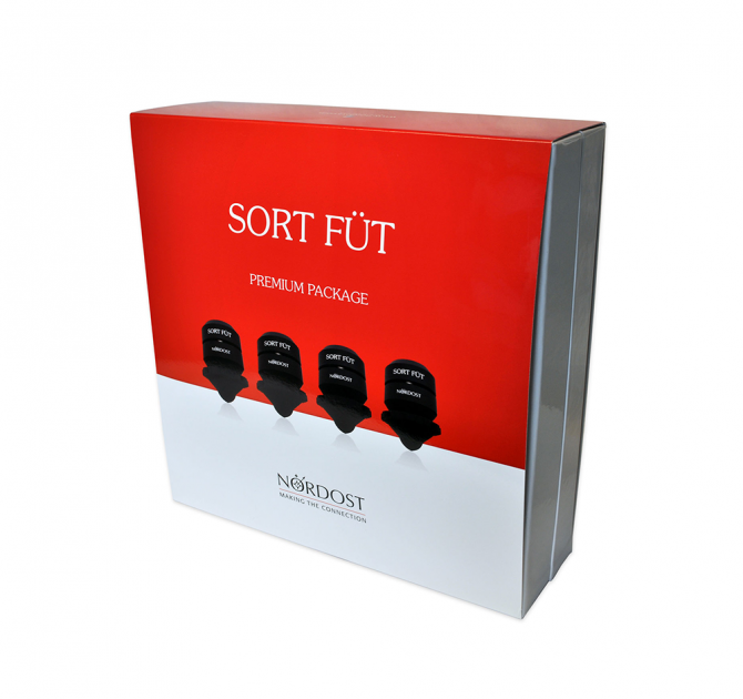 Nordost Sort Füt packaging - a red and white box