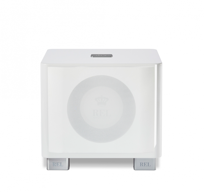 REL T/7x Sub-woofer in white, front and top view