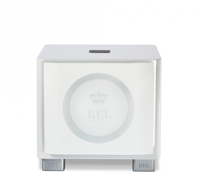 REL T/9x Sub-woofer in white, front view with grille