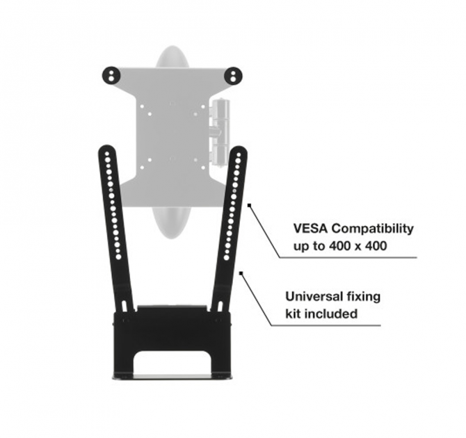 Flexson TV Mount Attachment Beam Black x1 with the words "VESA Compatibility up to 400 x 400" and "Universal fixing kit included".