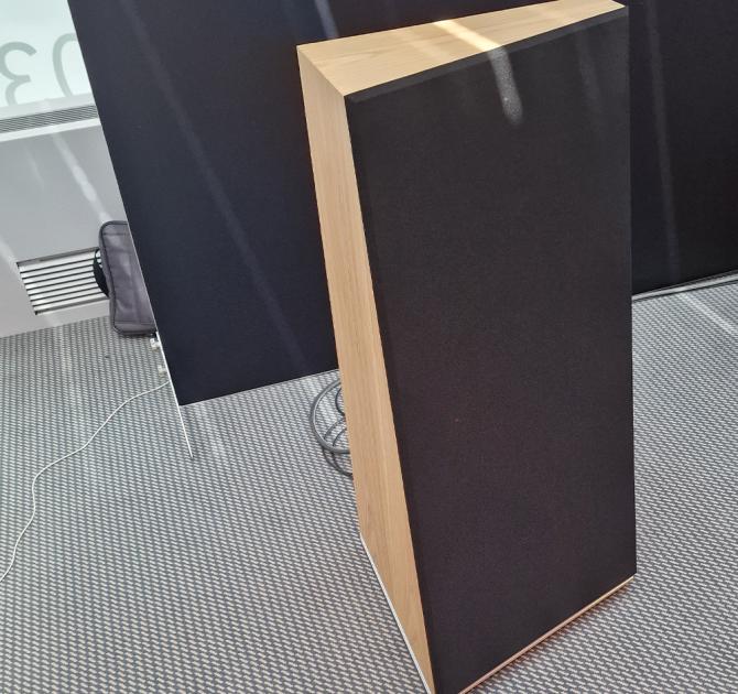 Audiovector Trapeze Ri in oak with the grille in place