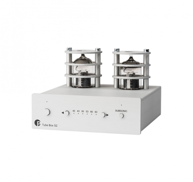 Project Tube Box S2 MM/MC Phono stage in silver, front, side and top view