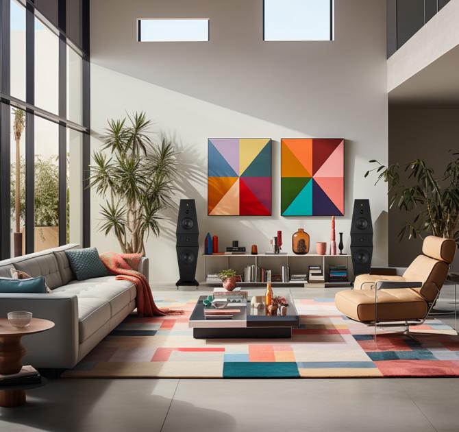 Rosso Fiorentino Volterra speakers in a modern living room with a large window on the left