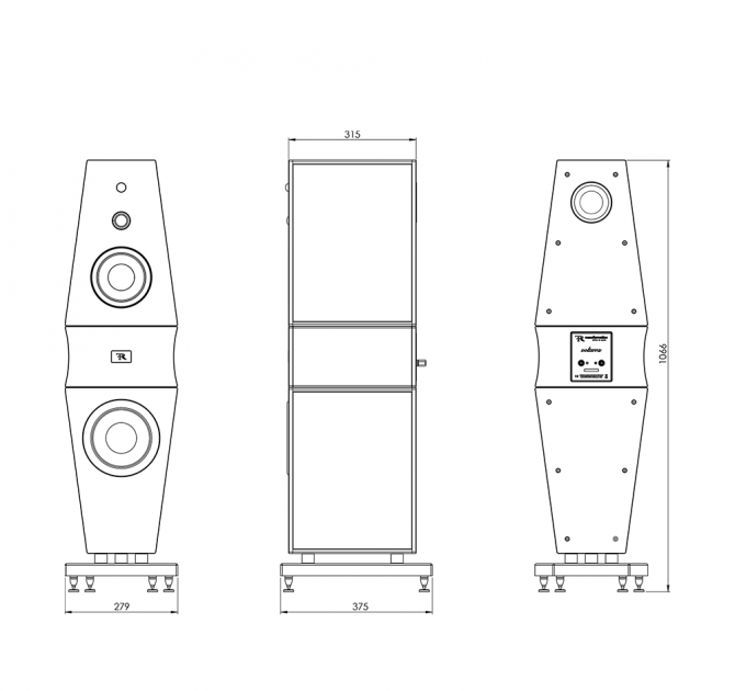 Three drawings of Rosso Fiorentino Volterra Loudspeakers indicating the dimensions