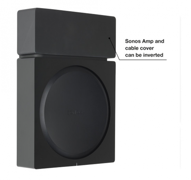 Flexson Wall Mount Amp Black x1 with Sonos Amp and the words "Sonos Amp and cable cover can be inverted".