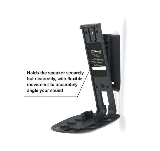 Flexson Wall Mount One/Play1 in black with the words "Holds the speaker securely but discreetly, with flexible movement to accurately angle your sound".