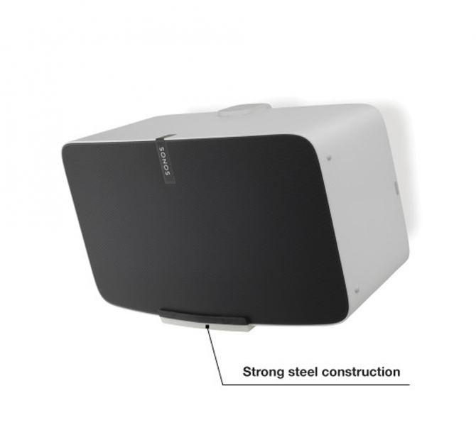 Flexson Wall Mount Play5 x1 mounted on a wall with a white Sonos Play:5 and the words "Strong steel construction".