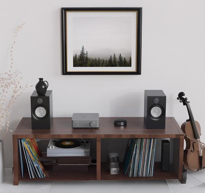 WiiM Vibelink Amp with speakers either side and a landscape picture behind