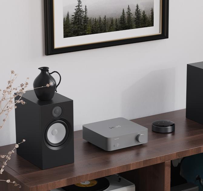 WiiM Vibelink Amp with speakers either side and a picture in black and white of some fir trees 