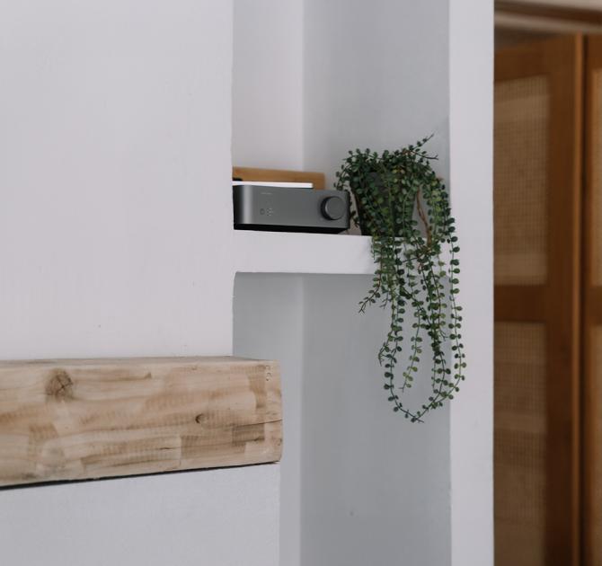 WiiM Vibelink Amp on a white shelf with a pot plant beside it and a wooden shelf in the foreground