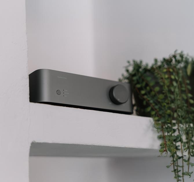 WiiM Vibelink Amp on a white shelf with a pot plant beside it