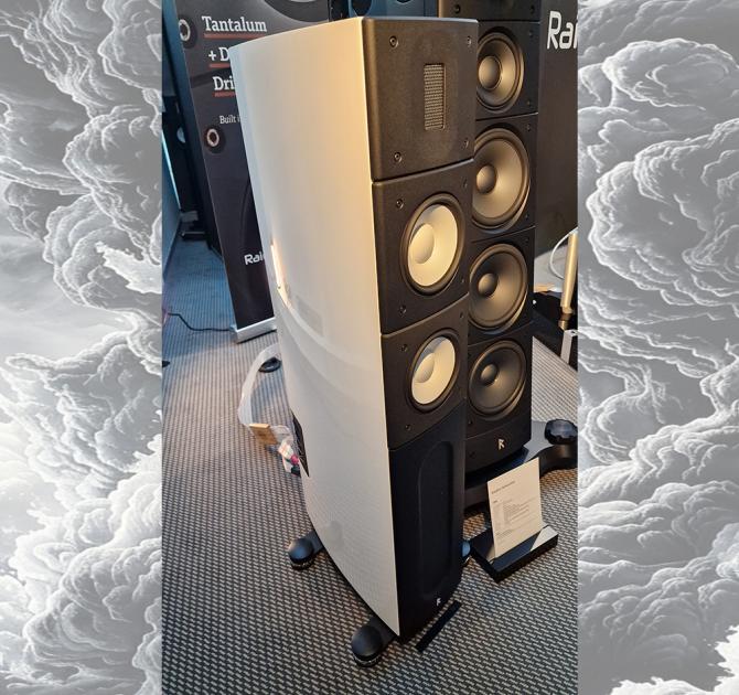 Raidho Acoustics X2.6 Loudspeaker beside a larger Raidho speaker at the 2024 Munich HiFi Show