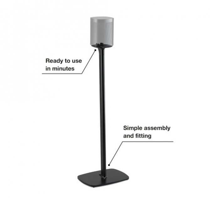 Flexson Floor Stand One/Play1 EU x2 in black with the annotation "ready to use in minutes" and "simple assembly and fitting".