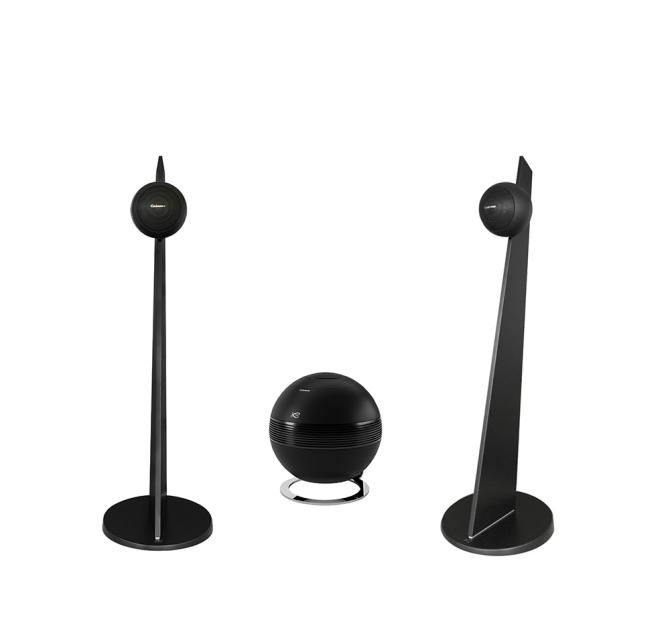 iO3 speakers on stands with the Pearl Sub - in black