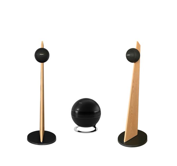 Cabasse iO3 speakers in black with oak stands with a pearl sub
