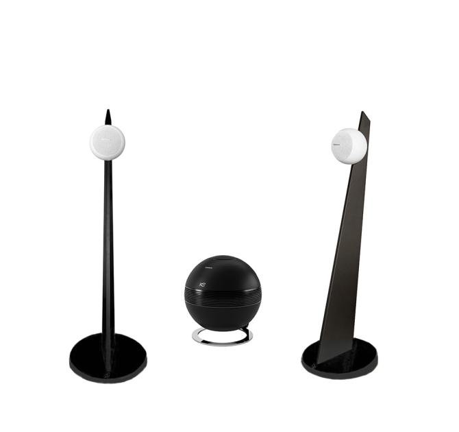 Cabasse iO3 speakers in white with black stands with a black pearl sub