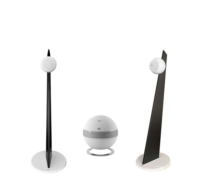 Cabasse iO3 speakers in white with black & white stands with a white pearl sub
