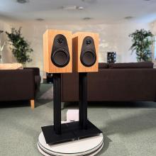 A pair of oak Linn 119 Loudspeakers in the ripcaster showroom