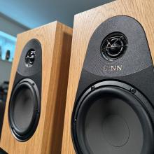 A pair of oak Linn 119 Loudspeakers in the ripcaster showroom