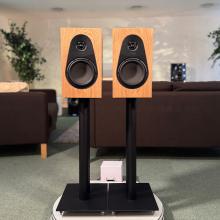 A pair of oak Linn 119 Loudspeakers in the ripcaster showroom