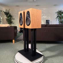 A pair of oak Linn 119 Loudspeakers in the ripcaster showroom