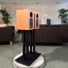 A pair of oak Linn 119 Loudspeakers in the ripcaster showroom