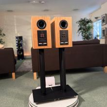 A pair of oak Linn 119 Loudspeakers in the ripcaster showroom