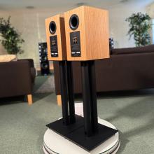 A pair of oak Linn 119 Loudspeakers in the ripcaster showroom