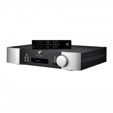 Moon 240i Stereo Integrated Amplifier with remote control on top.
