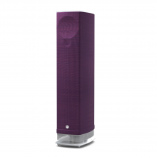 Linn Series 5 530 Exakt Active Speakers in aubergine with a white glass base