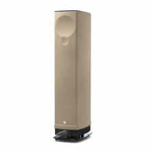 Linn Series 5 530 Exakt Active Speakers in Butterscotch with a black glass base