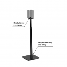 Flexson Adjustable Floor Stand One/Play1 with speaker and the words "ready to use in minutes" and "simple assembly and fitting."