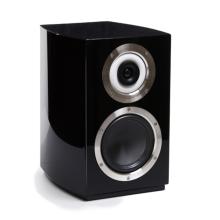 A Cabasse Murano Loudspeaker in black.  the speaker is a bookshelf style speaker