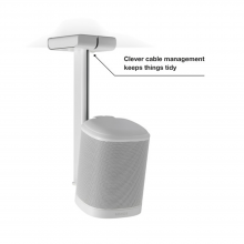 Flexson Ceiling Mount One/Play1 White x1 with speaker and the words "clever cable management keeps things tidy".