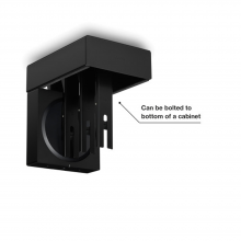 Flexson Dock x4 Amp Black x1 annotated with the words "can be bolted to bottom of a cabinet".