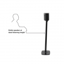 Flexson Floor Stand One/Play1 EU x1 with an outline of a man sitting down and the words "holds speaker at ideal listening height".