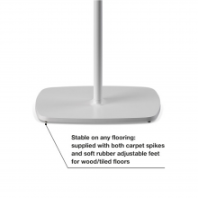 Flexson Floor Stand One/Play1 EU x1 in white close-up of the base with the words "stable on any flooring: supplied with both carpet spikes and soft rubber adjustable feet for wood/tiled floors".
