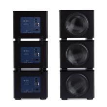 Six REL HT/1510 Predator Subwoofers stacked in two groups of three.  one viewed from the front, one from the back