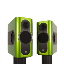 A pair of Kii Three Loudspeakers in a Lime Green Gloss colour