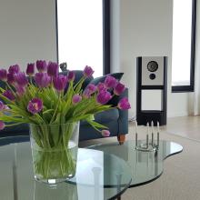 Grimm LS1be Loudspeaker in a living area with a vase of purple tulips in the foreground