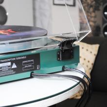 Linn Majik LP12 MC Turntable with custom green plinth.  Rear view showing part of the back label and the hinge (the lid is open)