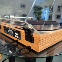 Linn Majik MM LP12 Fluted turntable in oak in the ripcaster showroom 