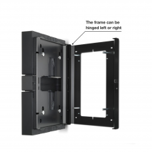 Flexson Wall Mount x4 Amp Black x1 with Sonos Amps in place and the words "The frame can be hinged left or right".